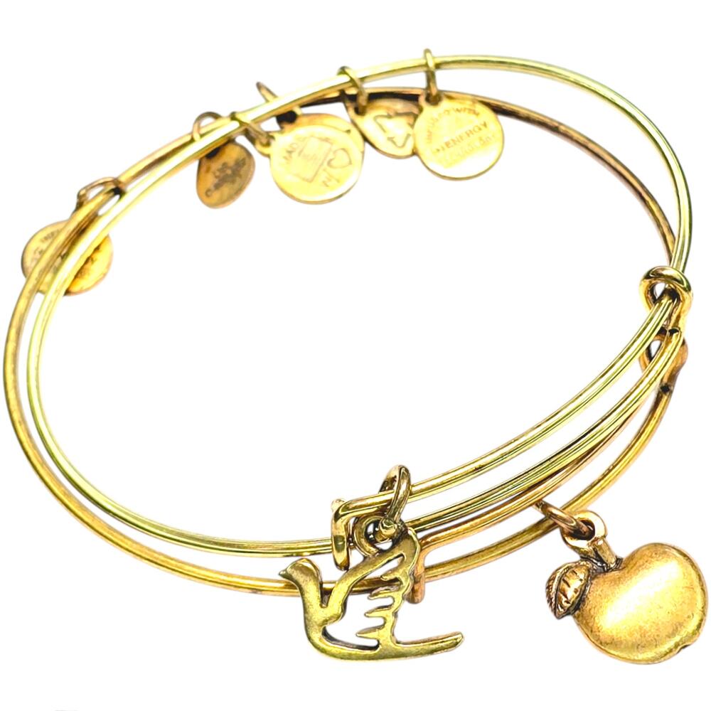 Alex and Ani Lucky Sacred Dove and Apple Gold Tone Expandable Bangle Bracelets